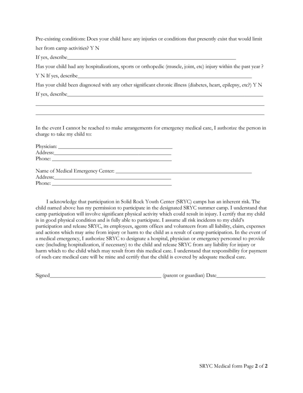 Medical Form for Summer Camp Solid Rock Youth Center